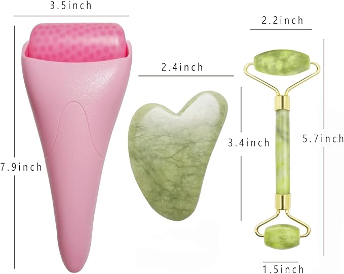 Chikoni 3 in 1 Ficial Face Ice Jade Roller and Gua Sha Tool, Natural Real Jade Anti-Wrinkle Face Eye Neck Massager Tool, Reduce Wrinkles, Puffiness, Migraine, Redness, Pain and Injury，Pink