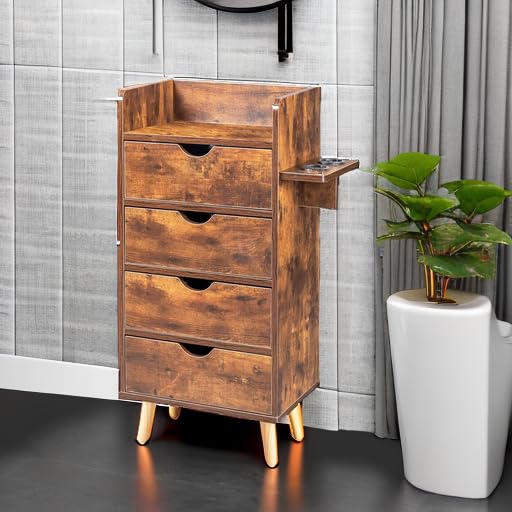 OmySalon 4 -Layer Salon Station Storage Cabinet, Beauty Barber Styling Stations, Hair Stylist Station Equipment with 2 Hair Dryer Holders, 4 Drawers and Raised Table Legs, Rustic Brown