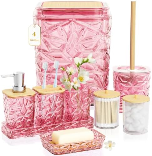 Bathroom Accessory Set, 9-Piece Pink Bathroom Set with Trash Can, Toilet Brush, Soap Dispenser, Soap Dish, Toothbrush Holder, Tumbler, Q-tip Holders & Tray, for Hotel/Apartment, Housewarming Gift by Unknown