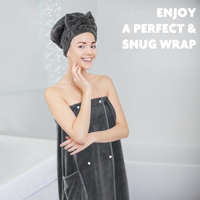 SUNLAND Microfiber Women Hair Drying Towel and Bath Towel Wrap, Adjustable Soft Body Wraps Dress with Hair Towels, Super Absorbent to Quick Drying 32 Inch x 60 Inch Dark Grey