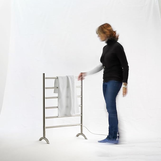 Freestanding Towel Warmer 6 Bars Plug-in Option 3 Working Modes with Top-Mounted Timer Mirror Polished Stainless Steel 24” W 34” H
