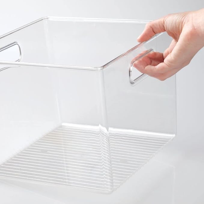 mDesign Plastic Modern Storage Organizer Bin Basket with Handles for Bathroom Organization - Shelf, Cubby, Cabinet, Vanity, and Closet Organizing Decor - Ligne Collection - Clear