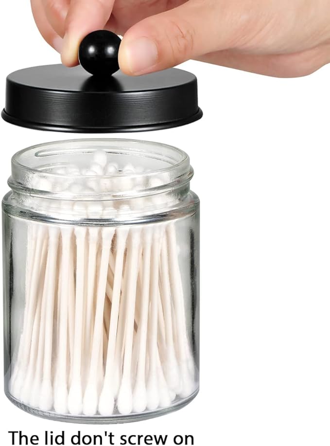 Amolliar 6Pc Apothecary Jars Bathroom Vanity Organizer- Rustic Farmhouse Decor Storage with Stainless Steel Lids- Qtip Dispenser Holder for Q-Tips, Cotton Swabs, Rounds, Ball, Flossers (Black)