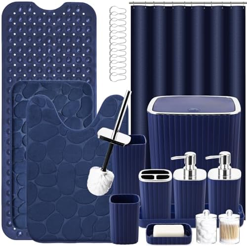 XLHOMO 26PC Bathroom Accessories Set - Gorgeous Blue Bathroom Set, Bathroom Accessory Set, Blue Shower Curtain Set with Bathtub Mats for Shower Tub by BetterbathroomwithXLHOME