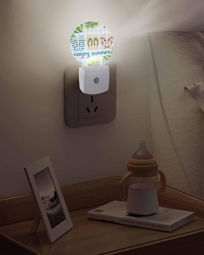 Night Lights Auto Sensor Flip Flops Night Light Enjoy Summer Green Palm Leaves Blue Plaid Round Lamp Plug-in LED Nightlights Dusk to Dawn for Living Room Bedroom Bathroom Hallway Wall Decor