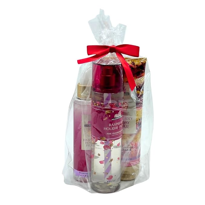 Bath & Body Works MILK Collections RASPBERRY HOLIDAY PIE BAR Diamond Shimmer Mist, Fine Fragrance Mist & Ultimate Hydration Body Cream 3pc bundle with a Red Bow for Holidays & Gifts