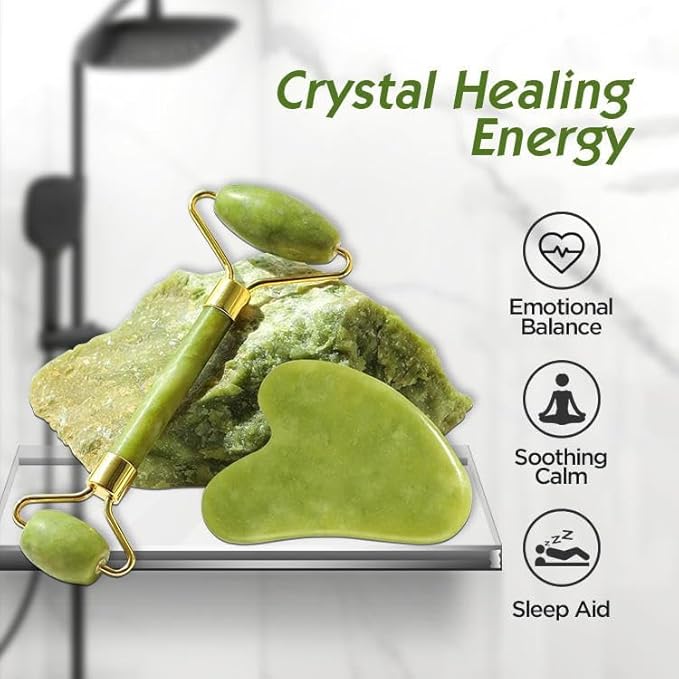 Jade Roller & Gua Sha Set – 100% Natural Jade Stone Face Massager | Cooling Facial Tool for Skin Tightening, Anti-Aging, Puffiness & Lymphatic Drainage | Skincare Gift for Women