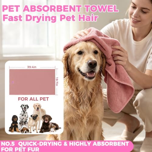 PAWCHIE Bath Grooming Kit for Pets, 9 PCS Hair Brush Set with Towel,Washing Gloves,Bath Brush and Adjustable Handle Shampoo Brush & Scrubber for Short Long Haired Dogs and Cats,Dog Bath Supplies, Pink - Image 6