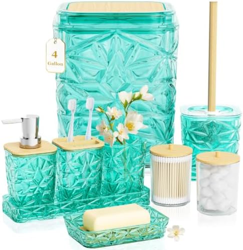 Bathroom Accessory Set, 9-Piece Teal Bathroom Set with Trash Can, Toilet Brush, Soap Dispenser, Soap Dish, Toothbrush Holder, Tumbler, Q-tip Holders & Tray, for Hotel/Apartment, Housewarming Gift by Unknown