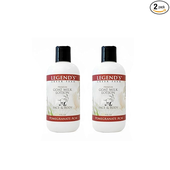 Legend's Creek Farm Goat Milk Lotion - Moisturizing Goat Milk Body Lotion for Body, Hand & Face - 9 oz Body Moisturizer with Shea Butter, Sunflower Oil, Aloe (2-Pack, Pomegranate Acai)