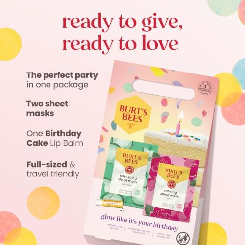Burts Bees Birthday Kit, Birthday Cake Lip Balm, 100% naturally derived lip balm gift set, Refreshing Sheet Mask with Cucumber, Calming Sheet Mask with Rose, 0.15 oz./0.33 oz./0.33 oz. - Image 2