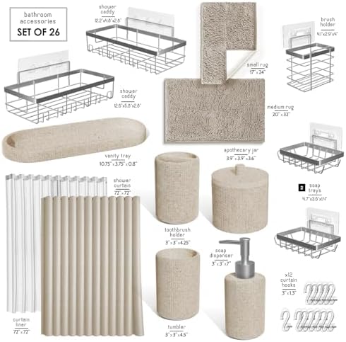 Clara Clark Beige Bathroom Set - Bathroom Sets with Shower Curtain and Rugs, 26PC Bathroom Accessory Set, Shower Curtain Set with Adhesive Corner Shower Caddy Hanging & Soap Dispenser - Image 2