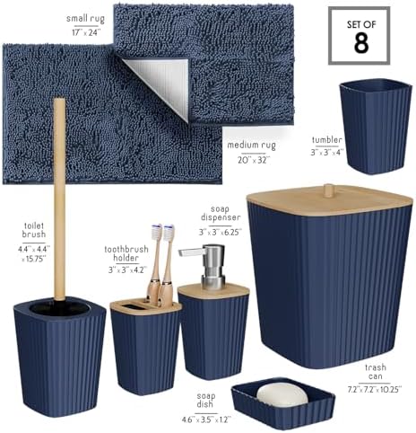 Clara Clark Bathroom Set - Navy Blue Bathroom Accessories Set, 6PC Bathroom Accessory Set, Bathroom Sets with Bathroom Rugs, Toilet Brush, Trash Can & Soap Dispenser - Image 2