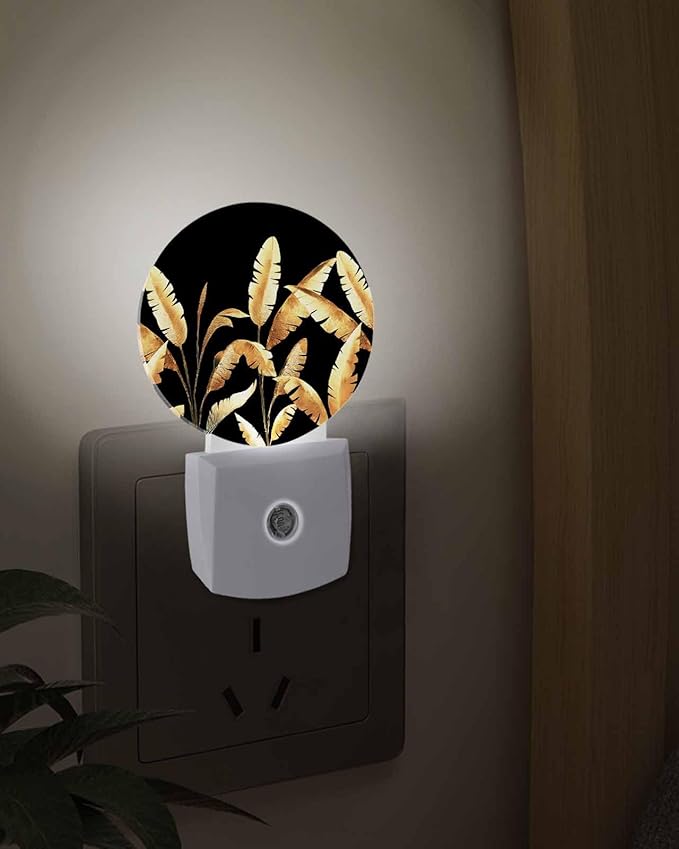 Night Lights Auto Sensor Golden Foliage Night Light Black Minimalist Leaf Round Lamp Plug-in LED Nightlights Dusk to Dawn for Living Room Bedroom Bathroom Hallway Wall Decor