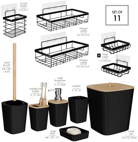 Clara Clark Bathroom Set - Black Bathroom Accessories Set, 6PC Bathroom Accessory Set, Bathroom Sets with Adhesive Corner Shower Caddy Hanging, Toilet Brush, Trash Can & Soap Dispenser - Image 2