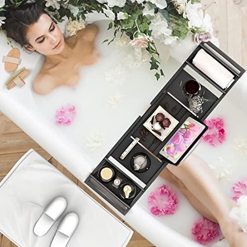 Bath Caddy Tray for Bathtub - Bamboo Adjustable Organizer Tray for Bathroom with Free Soap Dish Suitable for Luxury Spa or Reading(Black) - Image 3