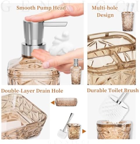 Bathroom Accessory Set, 9-Piece Brown Bathroom Set with Trash Can, Toilet Brush, Soap Dispenser, Soap Dish, Toothbrush Holder, Tumbler, Q-tip Holders & Tray, for Hotel/Apartment, Housewarming Gift - Image 5