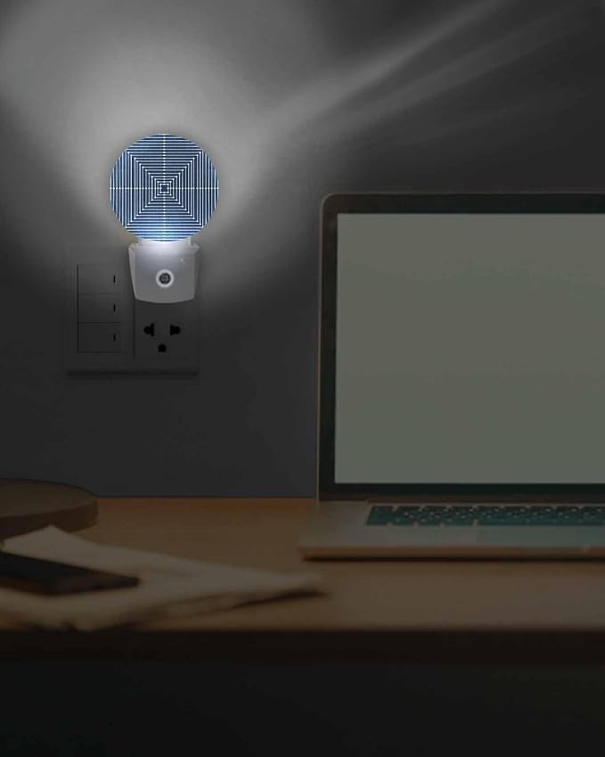 Night Lights Auto Sensor Navy Blue Aesthetic Night Light Lines Perspective Box Round Lamp Plug-in LED Nightlights Dusk to Dawn for Living Room Bedroom Bathroom Hallway Wall Decor