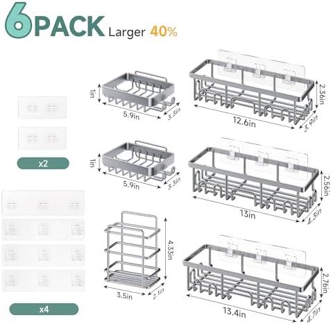 Veken Shower Caddy 6-Pack, No Drilling & Rustproof, Waterproof Adhesive Shelves Rack with Soap Holder, Large Capacity Bathroom Organizers and Storage, Wall-Mounted Kitchen & Home Decor, Silver Gray - Image 6