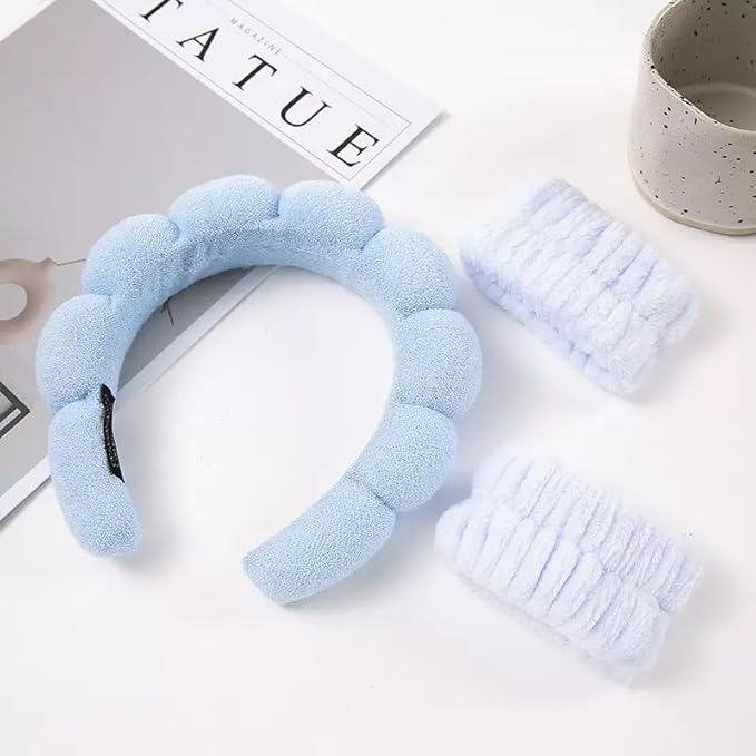 Spa Headband and Wristband Set for Women,Terry Cloth Sponge Headband for Washing Face,Makeup,Facial Mask and Skincare (Blue,Pink, One Size)
