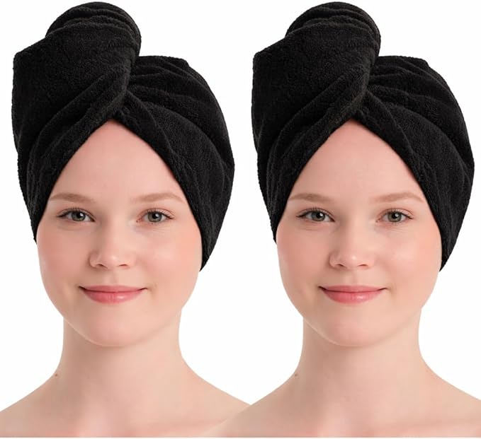 100% Turkish Cotton Hair Towel Wrap 2 Pack – Oeko-TEX Certified Quick Dry Turban for Wet Hair – Soft, Absorbent, Gentle on Curly & Long Hair – 10x26 Inch