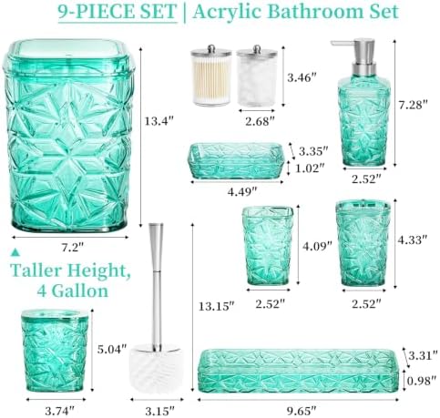 Bathroom Accessory Set, 9-Piece Teal Bathroom Set with Trash Can, Toilet Brush, Soap Dispenser, Soap Dish, Toothbrush Holder, Tumbler, Q-tip Holders & Tray, for Hotel/Apartment, Housewarming Gift - Image 2