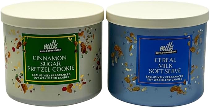 Bath & Body Works Milk BAR Collection Holiday Dessert Scents 3-Wick Scented Candle 2pc Gift Set w/ 40-inch Gold Metallic Ribbon Bow -14.5 oz (Cinnamon Sugar Pretzel Cookie & Cereal Milk Soft Serve)