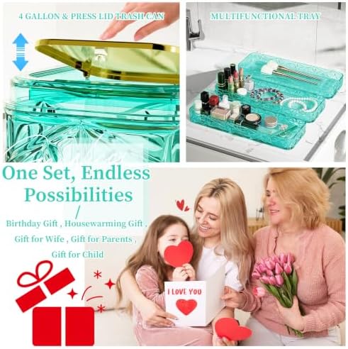 Bathroom Accessory Set, 9-Piece Teal Bathroom Set with Trash Can, Toilet Brush, Soap Dispenser, Soap Dish, Toothbrush Holder, Tumbler, Q-tip Holders & Tray, for Hotel/Apartment, Housewarming Gift - Image 5