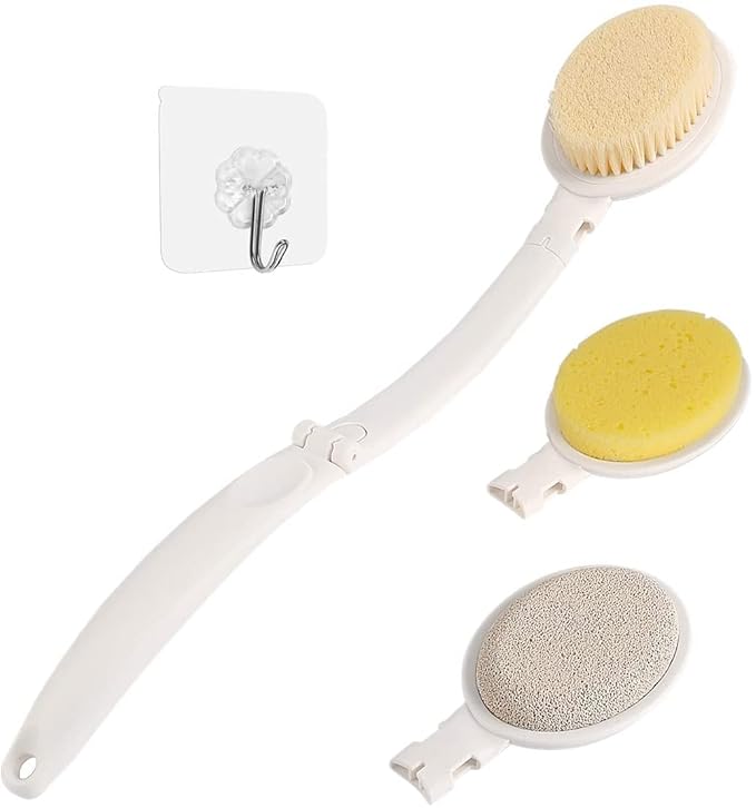LFJ 19" Long Handle Shower Sponge Brush Set, 3 in 1 Body Brush, Bath Sponge and Lotion Applicator Improved Skin Health, Suitable for Men and Women (White Brush with pumice-1P)