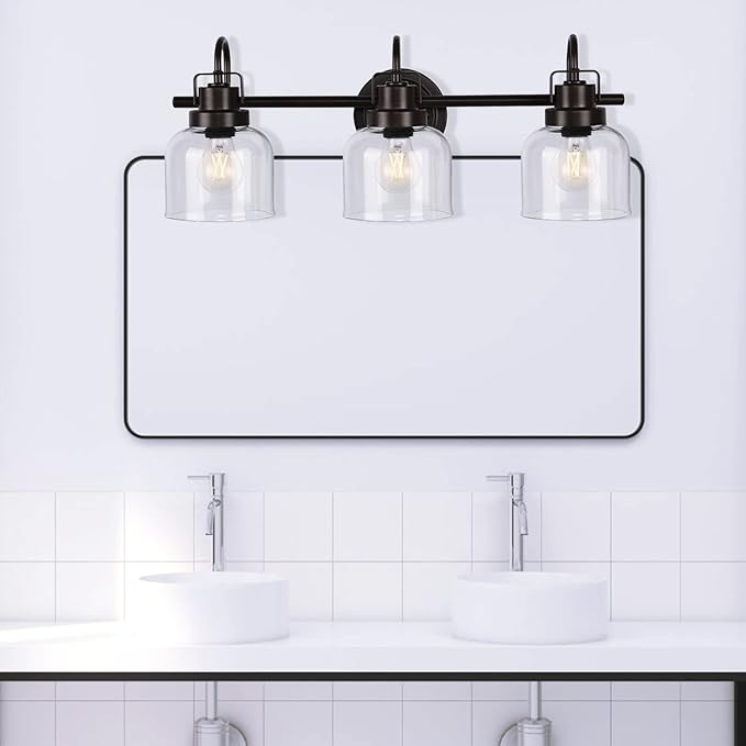 Bronze Bathroom Vanity Lights, 3-Light Vanity Light Fixtures for Bathroom, Oil Rubbed Bronze Vanity Light with Clear Glass Shade, Wall Sconces Lighting for Bathroom, Living Room, Hallway(E26 Base)