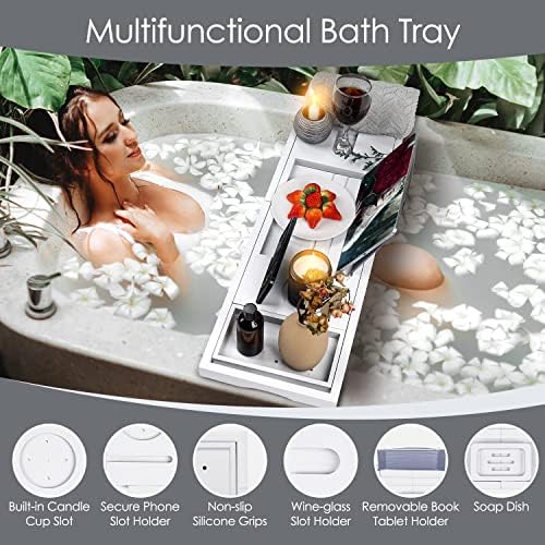 Foldable Bathtub Tray Caddy with Soap Dish Adjustable 29.5-43''White - Image 2