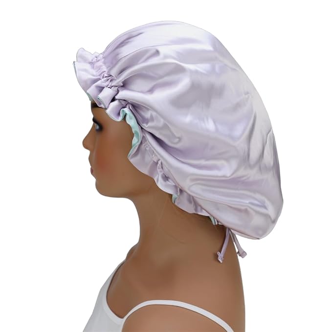 Adjustable Silk Satin Bonnet Hair Care Caps for Women Girls Loose-fitting Reversible Sleeping Cap Shower Caps Hair Wrap Bonnets (002 Lilac/Aqua)