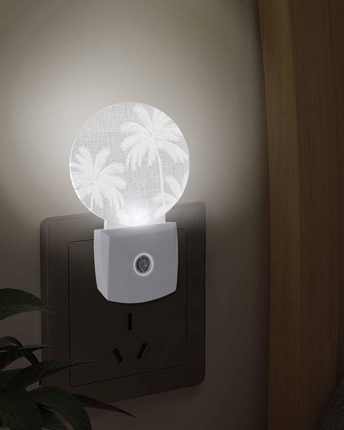 Night Lights Auto Sensor Tropical Palm Trees Night Light Grey Linen Coastal Round Lamp Plug-in LED Nightlights Dusk to Dawn for Living Room Bedroom Bathroom Hallway Wall Decor