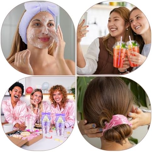 Nitial 56 Pcs Spa Sleepover Party Supplies Including Headband Sleep Eye Mask Velvet Scrunchies Bath Loofah Sponges Plastic Cup with Lids Straws for Girls' Night Birthday Party (Pink Purple) - Image 6
