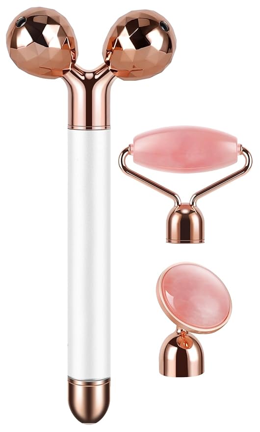 DANGSHAN 3-in-1 Electric Jade Roller 3D Roller Facial Roller & Face Massager, Rose Quartz