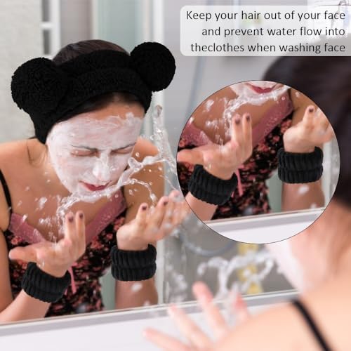 AHONEY Spa Bear Ears Headband, Face Wash Headband and Wristband Set, Cute Makeup Skincare Fluffy Headbands Wrist Bands for Washing Face Elastic for Women Girls Cosmetic (Black) - Image 2