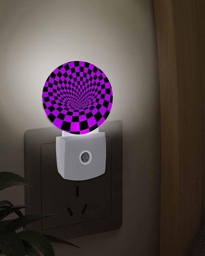 Night Lights Auto Sensor Purple Black Checker Night Light 3D Abstract Mosaic Tiles Round Lamp Plug-in LED Nightlights Dusk to Dawn for Living Room Bedroom Bathroom Hallway Wall Decor