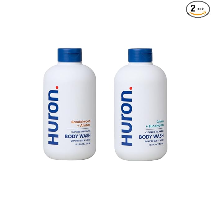 Huron Body Wash for Men and Women, Hydrating Daily Cleanser with Sea Salt + Driftwood & Sandalwood + Amber, Moisturizing Shower Gel, non-toxic, Phthalate-Free Clean Ingredients, 11.3 fl oz (Pack of 2)