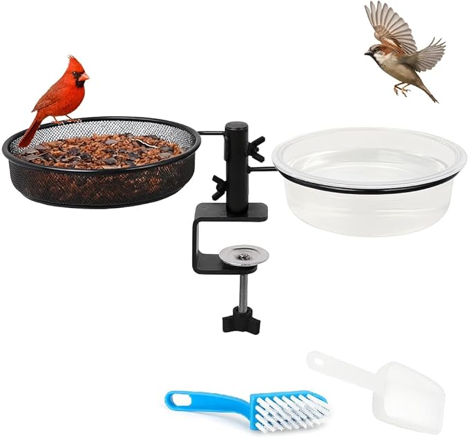 Deck Bird Feeder and Bath with Metal Mesh Tray and Water Bowl – Deck Railing Bird Feeder Mount for Attracting Birds - Detachable, Adjustable, Heavy Duty – Complete with Cleaning Brush and Seed Scoop