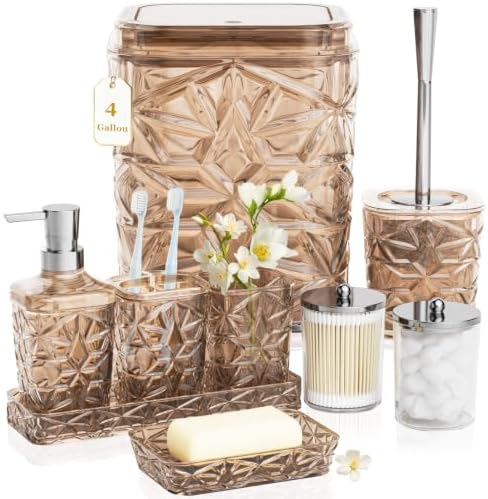 Bathroom Accessory Set, 9-Piece Brown Bathroom Set with Trash Can, Toilet Brush, Soap Dispenser, Soap Dish, Toothbrush Holder, Tumbler, Q-tip Holders & Tray, for Hotel/Apartment, Housewarming Gift by Unknown