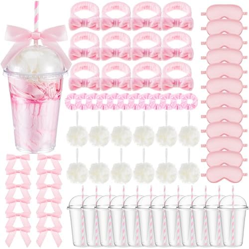 Nitial 84 Pcs Spa Sleepover Party Supplies Including Headband Sleep Eye Mask Velvet Scrunchies Bath Loofah Sponges Plastic Cup with Lids Straws for Girls' Night Birthday Party (Pink) by Nitial
