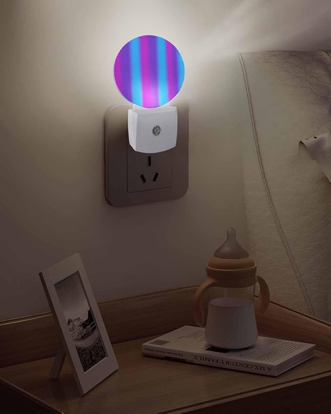 Night Lights Auto Sensor Purple Blue Night Light Gradient Color Stripe Round Lamp Plug-in LED Nightlights Dusk to Dawn for Living Room Bedroom Bathroom Hallway Wall Decor