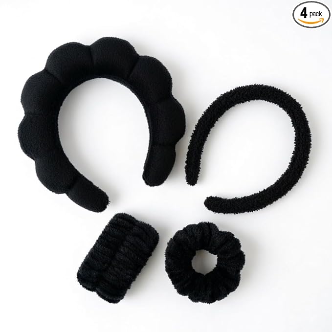 2Pcs Spa Headband for Washing Face & 1 Pair Wristband Set - Sponge Makeup Skincare Headband, Terry Cloth Bubble Soft Hairband, Puffy Padded Non-Slip Thick Hair Accessory for Women & Girls (Black)