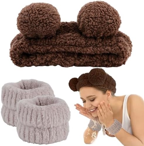 AHONEY Spa Bear Ears Headband, Face Wash Headband and Wristband Set, Cute Makeup Skincare Headbands Wrist Bands for Washing Face for Women Girls Elastic Hair Band (Brown) - Image 6