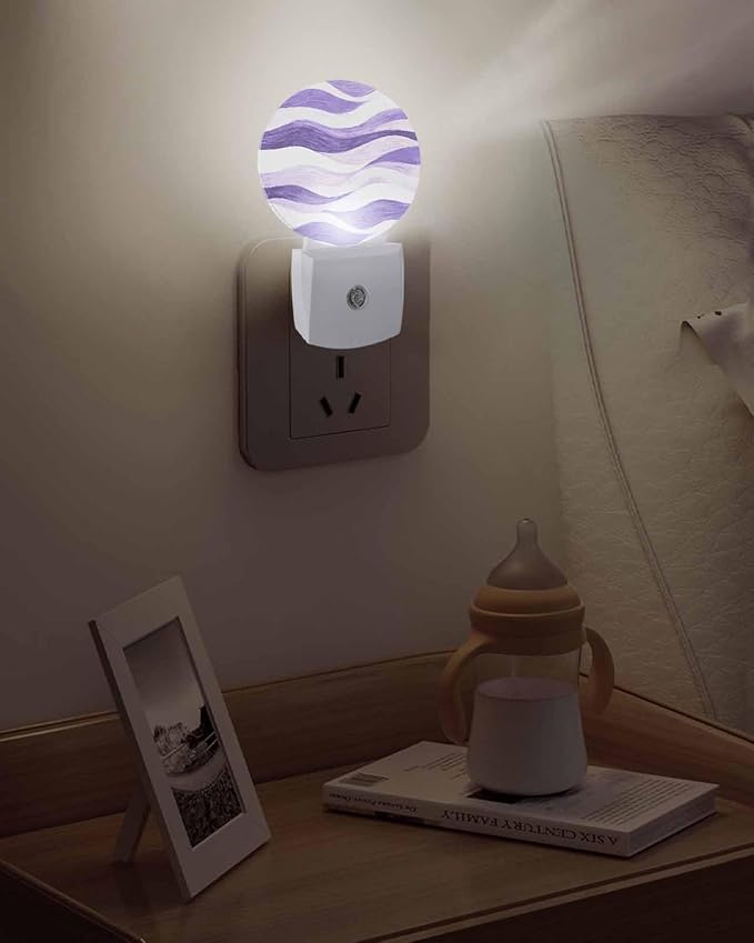 Night Lights Auto Sensor Lavender Purple Ocean Waves Night Light Abstract Mountain Stripes Round Lamp Plug-in LED Nightlights Dusk to Dawn for Living Room Bedroom Bathroom Hallway Wall Decor