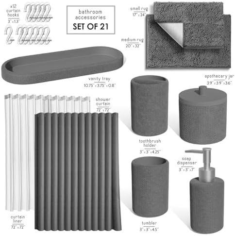 Clara Clark Grey Bathroom Set - Bathroom Sets with Shower Curtain and Rugs, 21PC Bathroom Accessory Set, Shower Curtain Set with Soap Dispenser & Toothbrush Holder - Image 2