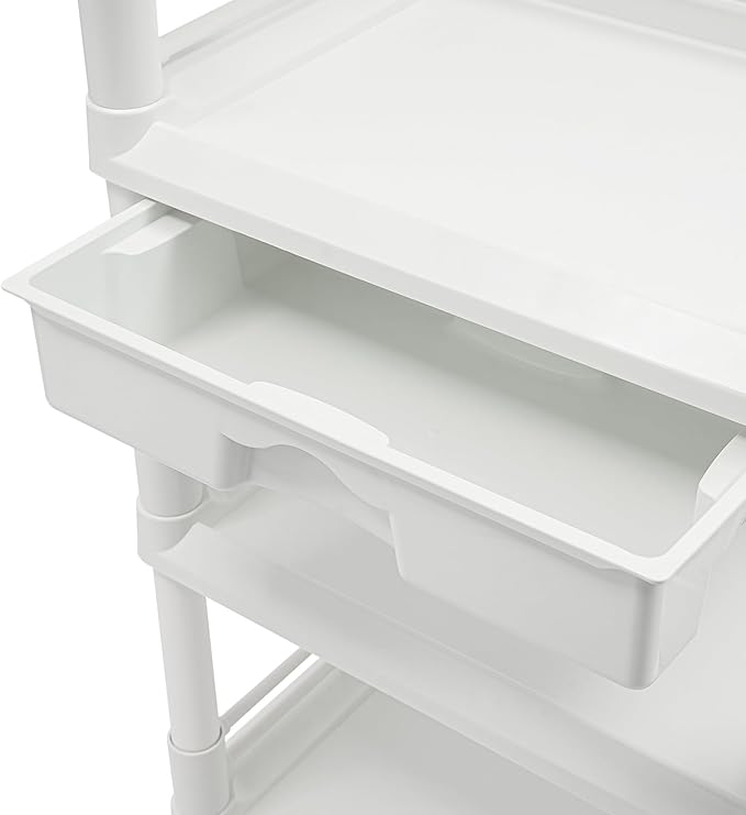 Salon Storage Cart, 3 Tier Rolling Beauty Organizer with 2 Garbage Baskets & 1 Drawer, 80kg/176.37lbs Capacity, Movable Storage Trolley for Beauty Salon SPA (White)