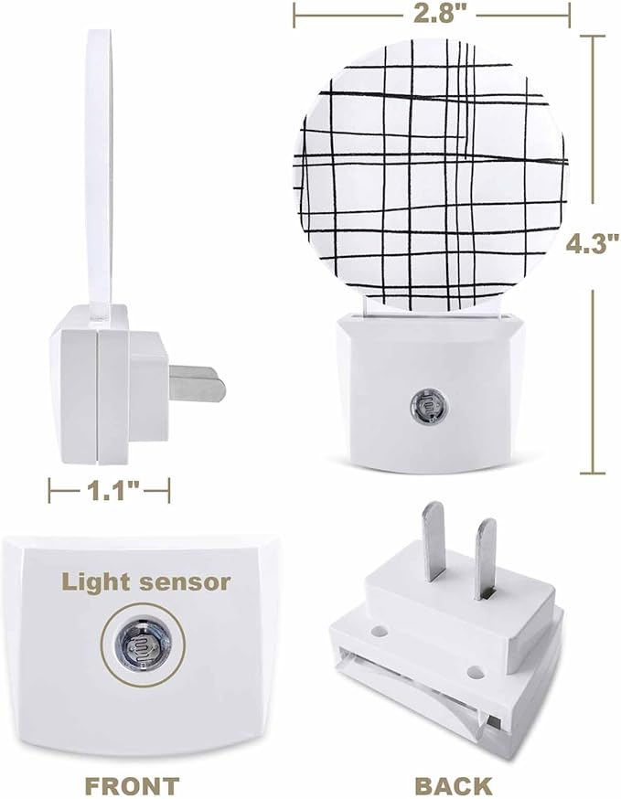 Night Lights Auto Sensor White Checked Plaid Night Light Minimalist Grid Lines Round Lamp Plug-in LED Nightlights Dusk to Dawn for Living Room Bedroom Bathroom Hallway Wall Decor