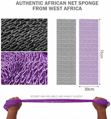 UJFQBH African Net Sponge Authentic 3 Pack, the Gentle Exfoliating Body Scrubber that Unclogs Pores, Reaches Your Back, Dries Fast, and Leaves Skin Smooth Day After Day（Purple, Black, Gray） - Image 3
