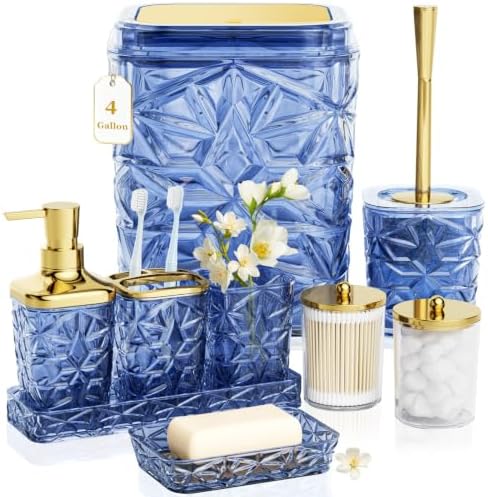 Bathroom Accessory Set, 9-Piece Blue Bathroom Set with Trash Can, Toilet Brush, Soap Dispenser, Soap Dish, Toothbrush Holder, Tumbler, Q-tip Holders & Tray, for Hotel/Apartment, Housewarming Gift by Unknown
